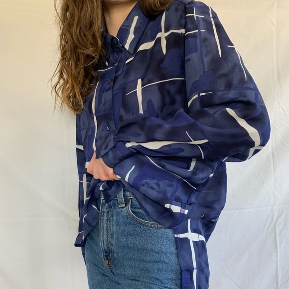 Vintage 80s Blue White Abstract Semi-Sheer Blouse - Picture 4 of 6